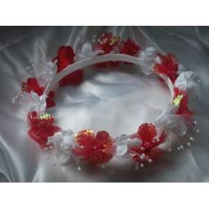  White & Red Flower Girl Head Piece Halo Wedding Mis Quince 