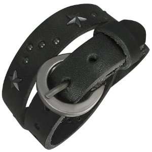  Black Leather Star Studded Bracelet, Double Wrap Style, 5 