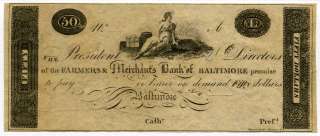 Farmers and Merchants Bank of Baltimore, Maryland, $50, 1810s  