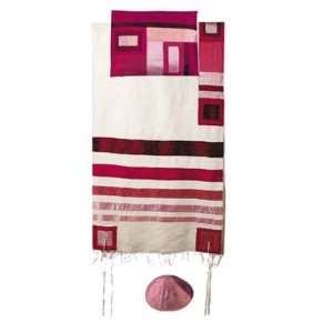 Raw Silk Tallit with stripes by Yair Emanuel Maroon on White   Size 