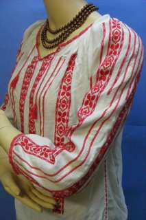 Vintage RED GOLD Embroidered ROMANIAN Folk Peasant Ethnic Blouse 