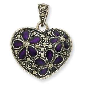   Sterling Silver Marcasite Purple Enamel Flower in Heart Pendant
