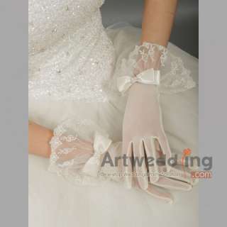 Voile Wrist Wedding Gloves with Ruffles and Beaded Bowknot (ST110060)