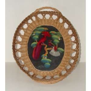 Vintage Mexican Bird Feather Art Weaved Wicker Basket Tray