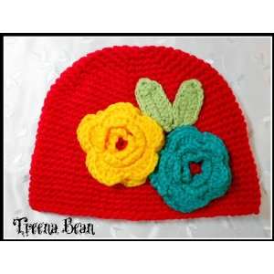  Treena Bean Girls Soft, Cute Red Crochet Flower Beanie Winter Hat 
