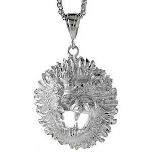  Sterling Silver Lions Head Pendant, 2 1/8 (55 mm) tall 