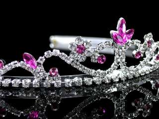 3cm High Wedding Prom Pink Crystal Bridal Flower Girl Tiara Headband 