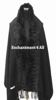 Large 100% 4 Ply Cashmere Shawl Wrap w/ Fox Fur, Black  