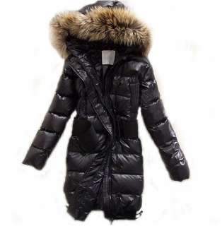 Women Black HOODED FUR 90% duck Winter Long Down Parka Glossy Thick 