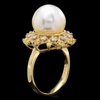 6500 CERTIFIED 14K YELLOW GOLD 12 X 12MM PEARL 0.40CT DIAMOND RING 