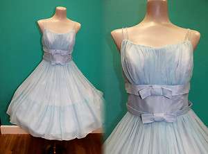 SWEET VTG 50s SKY BLUE Ruched Bust DREAMY CHIFFON Full BOW Pin Up 
