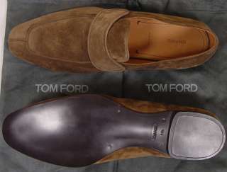 TOM FORD SHOES $1195 BROWN SUEDE LOGO ORNAMENTED HANDMADE LOAFERS 12 