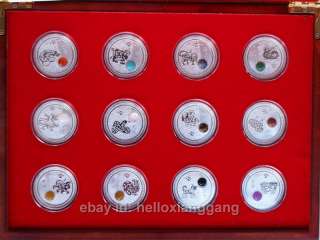 Full Set 12 China Zodiac Silver Coins Inlaid With Beautiful Stone 
