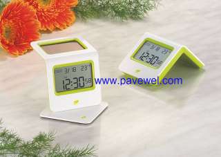 Solar powered magnetic base table clock with snooze, calendar 
