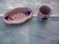 Pottery Soap Dish & cup Glazed & cobalt! makers marks!  
