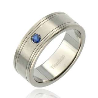 8mm Titanium Ring Round Synthetic Sapphire Mens Wedding Band  