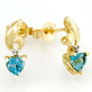 82CT HEART LONDON BLUE TOPAZ DIAMOND 9K GOLD EARRINGS  