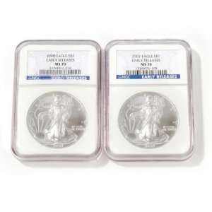   2008 Silver Eagle Coin Pair MS70 Early Release NGC: Sports & Outdoors
