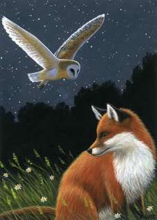 Red fox barn owl bird night limited edition aceo print  
