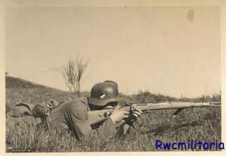 STEADY Helmeted Wehrmacht Soldier Prone in Field w/ Mauser Rifle 