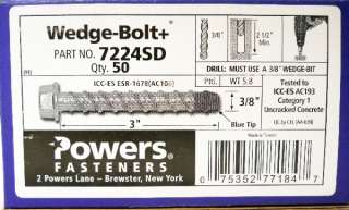   50 POW 7224SD BT Concrete Cement Wedge Bolt + 3/8 X 3 Anchor  
