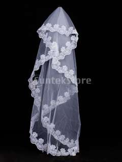 1T White Bridal Wedding Tulle Veil Mantilla Head Wear w/ Lace Applique 