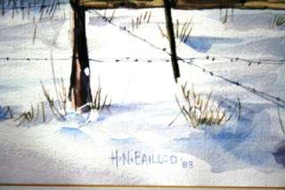 ORIGINAL WATERCOLOUR H. N. BAILLOD PASTURE BARB WIRE FENCE WINTER 83 