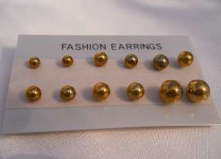 Set of 6 Gold Tone BALL Pierced Earrings New On Card  