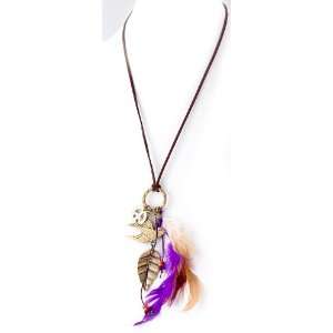 Long Fashion Necklace with Dangle Feathers, Peace Sign, Bird, and Leaf 