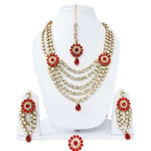  4 Pcs Traditional Red Necklace Earring Maang Tikka Ring 