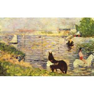  White and black horse in the river by Seurat canvas art 