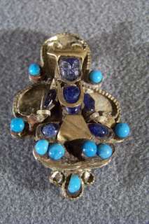 ANTIQUE SILVER BRASS FANCY RARE DETAILED EGYPTIAN TURQUOISE LAPIS PIN 