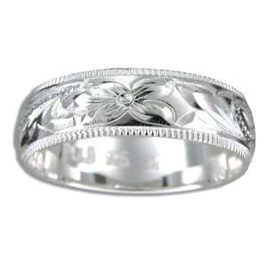     Sterling Silver Hawaiian Hand Carved 6mm Plumeria Ring Band, 9