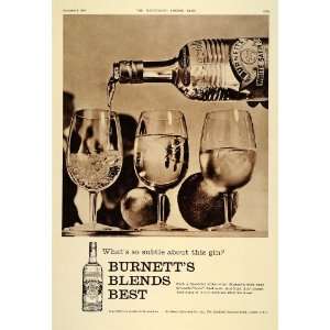  1961 Ad Burnetts White Satin Gin Bottle Glasses Mixer 