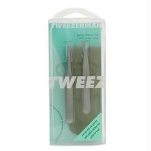 Petite Tweeze Set Slant Tweezer + Point Tweezer ( With Green Leather 