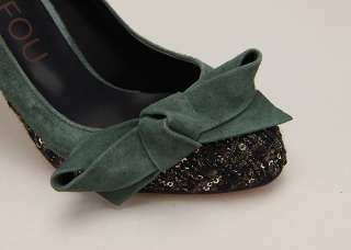 9299 Tweed Fabric Suede Ribbon Heels Handmade Pumps Green US  