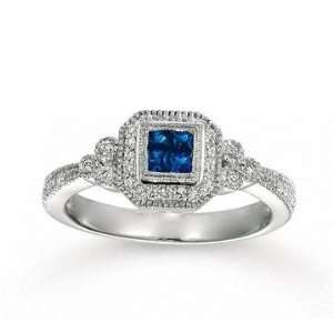 14k White Gold Milgrain Princess Blue Sapphire Diamond 