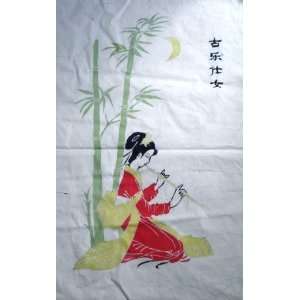   Art Batik Tapestry Girl Bamboo Flute Wall Hang 