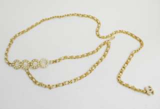   Gold Tone Interlaced Chain Pearl COCO Detail Belt Necklace  