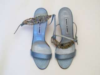MANOLO BLAHNIK BABY BLUE SILK SHOES WITH BEAD DETAILS SIZE 37 1/2 