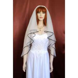   Ivory Fingertip Length Black Ribbon Hem Bridal Wedding Veil Beauty