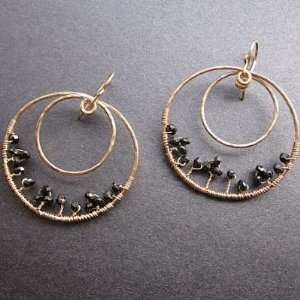   14k Gold Filled Earrings Hammered Circles with Black Spinel: Jewelry