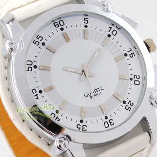 White Big Wide Leather Band Mens Quartz Watch Cool New Gift HOT Steel 