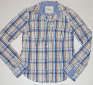 American Eagle Outfitters Blue Green White Plaid Button Long Sleeve 