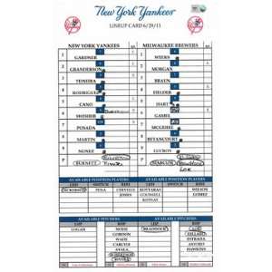  Brewers at Yankees 6 29 2011 Game Used Lineup Card 