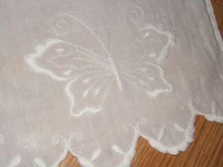   Antique Embroidered WHITEWORK BUTTERFLY Linen TABLE RUNNER 52x12