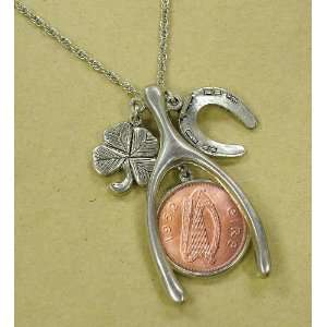  Lucky Irish Penny Silvertone Wish Bone Pendant