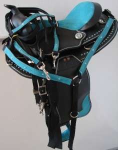 12 TEAL BLUE Bling Synthetic Western trail Saddle Kid  