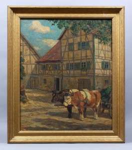 ANTIQUE COW CITY SCENE SIGNED LARGE OIL PAINTING IMPRESSIONIST FARM 