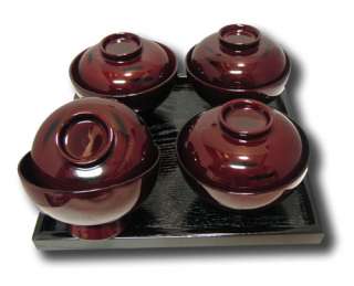 LOT 9 PC SET ASIAN JAPANESE MISO RICE SERVING LACQUERWARE BOWLS & TRAY 